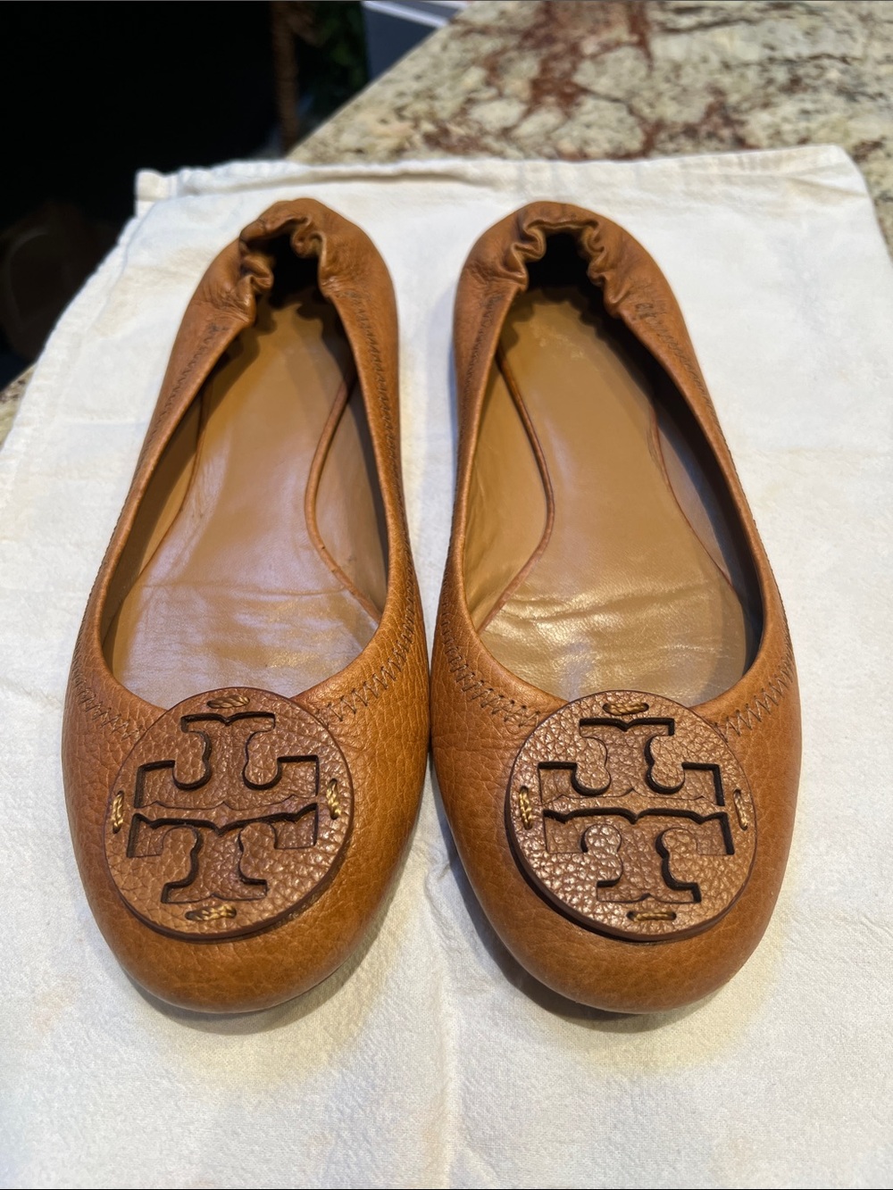 Tory Burch Women’s Brown Leather Logo Ballet Flats - 9.5M